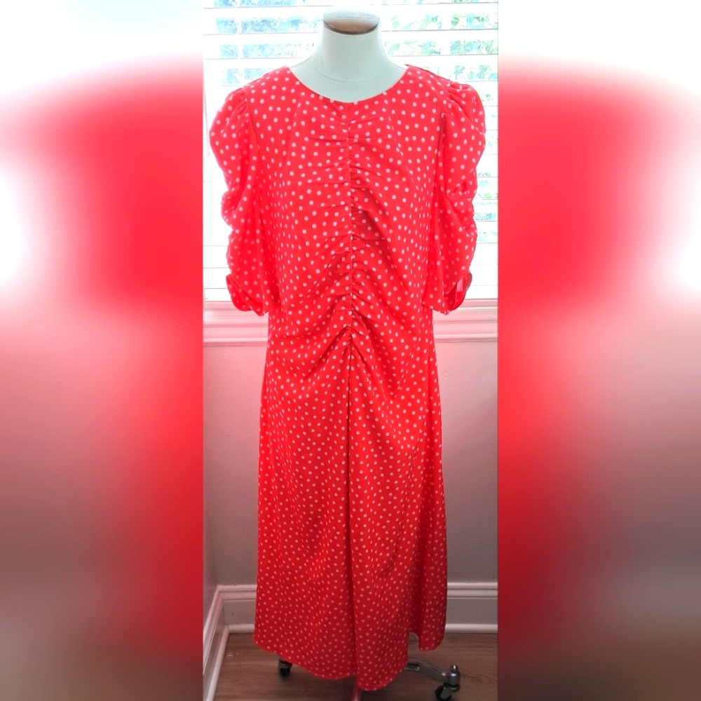 Kate Spade New York Spring Time Dot Ruched Midi Ponderosa Red Dress Sz 14 NWT